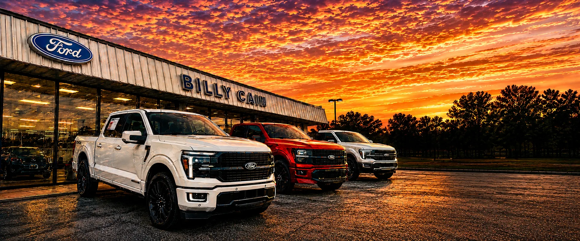 Billy Cain Ford dealership in Commerce, GA at sunset, with three F-150s on the front lot