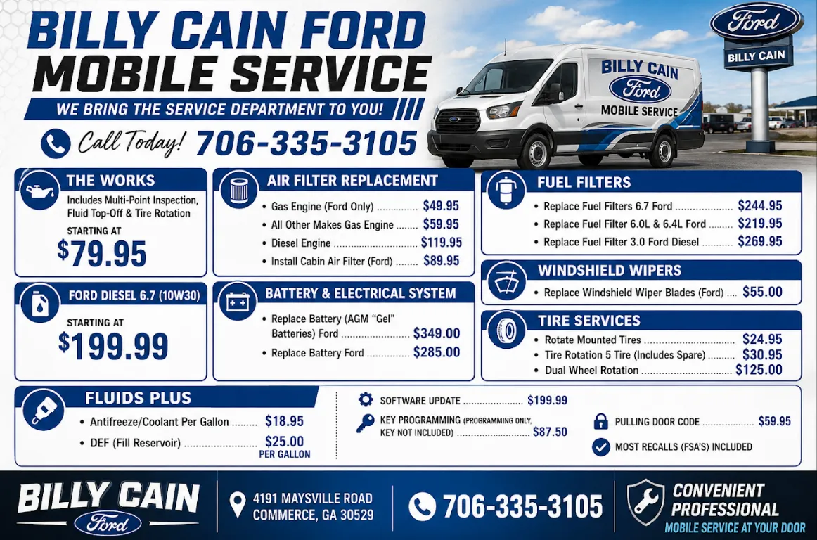 Billy Cain Ford Mobile Service price list - The Works from $79.95, air filter replacement, battery and electrical, fuel filters, windshield wipers, tire services and fluids. 4191 Maysville Road, Commerce, GA 30529. Call 706.335.3105.